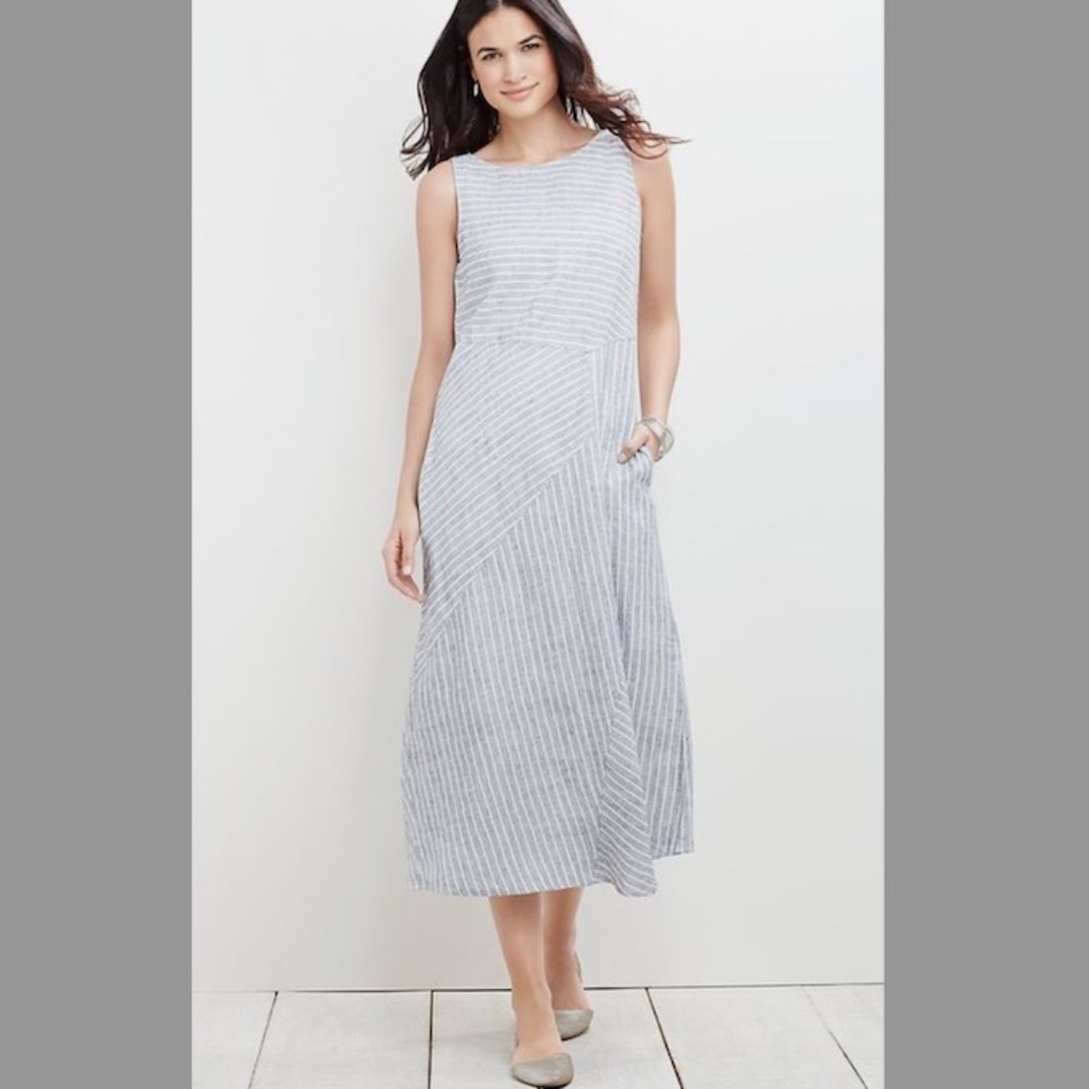 J. Jill Love Linen Striped White and Grey Midi Dress Size Petite Large